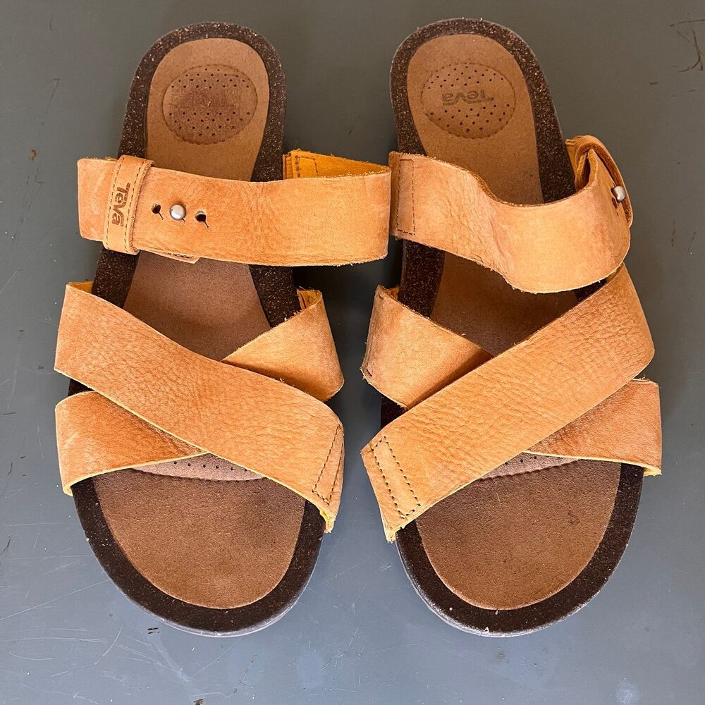 TEVA Mahonia Slides Tan Leather Women’s Sandals Slip On Shoes Size 8.5